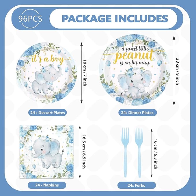 96Pcs Elephant Baby Shower Party Decorations Blue Elephant Plates and Napkins Tableware Set Baby Blue Floral Cute Themed Decorations Favors for Boy Girl Gender Reveal Birthday Party Supplies Serves 24