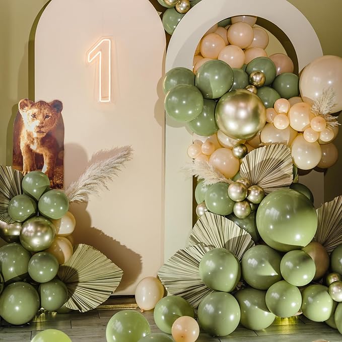 RUBFAC Sage Green Balloons 129pcs Different Sizes 18 12 10 5 Inch, Olive Green Latex Balloon Garland Arch Kit for Birthday Party Graduation Baby Shower Wedding Safari Jungle Balloon Decoration