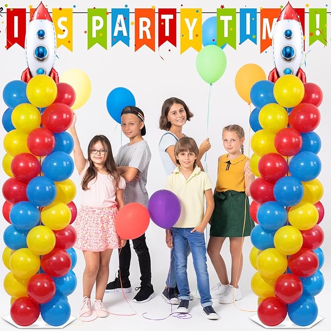 2 Sets Toy Inspired Story Balloons Column Stand Kit With 102 Rocket Foil Balloons 5.57ft Adjustable Tower Stand With Base Arch Column for Baby Shower Carton Birthday Party Supplies
