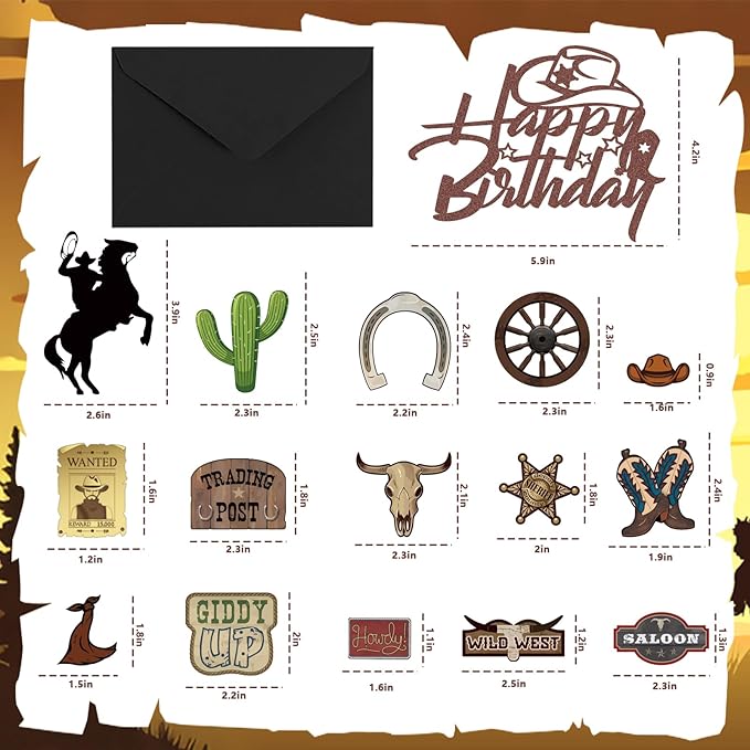 16 Pcs Cowboy Cake Toppers Glitter Cowboy Hat Cake Decorations Western Theme Happy Birthday Party Decoration for Boys Girls , Cowboy Birthday Sign Birthday Decor Party Decor Party Supplies