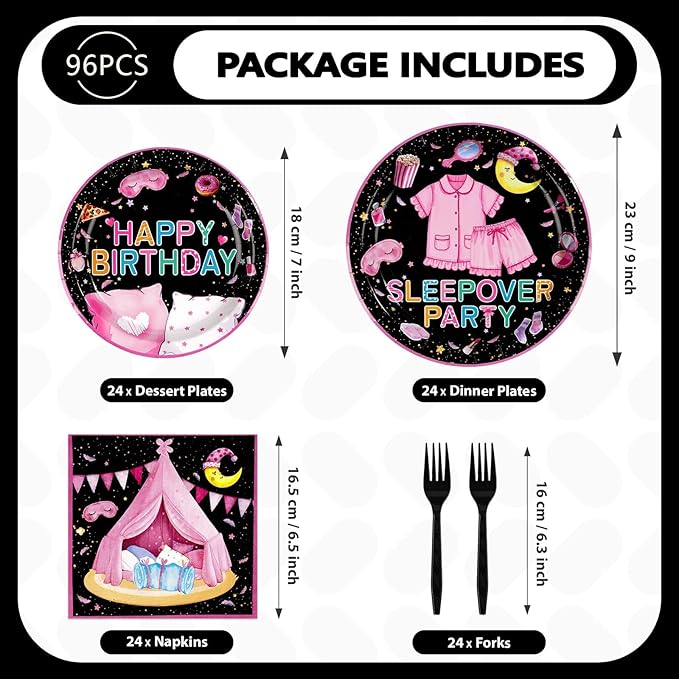 Grencian 96 Pcs Sleepover Birthday Party Supplies Black Sleepover Plates and Napkins Disposable Tableware Set Pajama Party Decorations for Girls Slumber Themed Birthday Decorations Serves 24