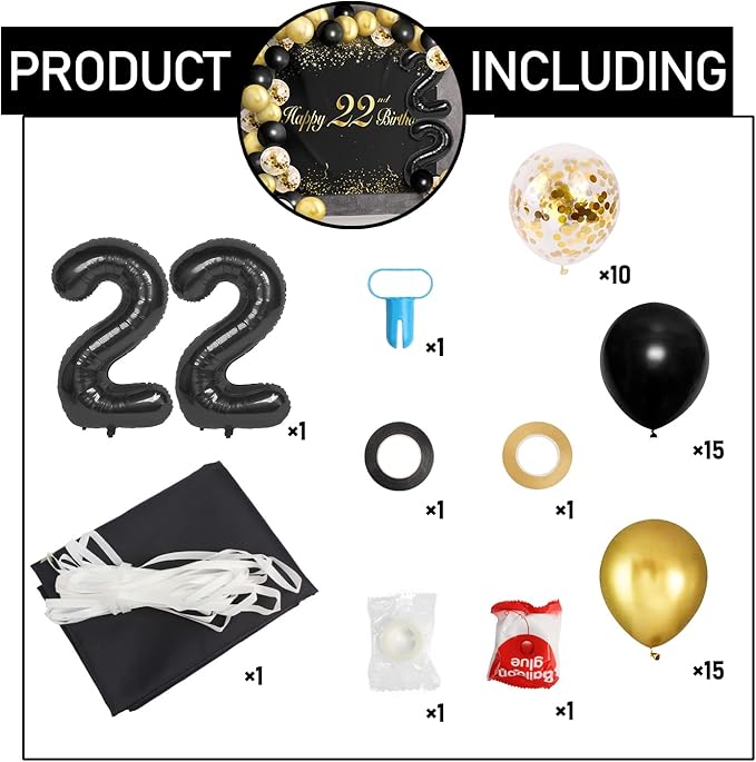 Happy 22nd Birthday Balloons Black Set Decor - Cheers to 22 Years Old Party Theme Garland Banner Backdrop Decorations For Women and Men Supplies