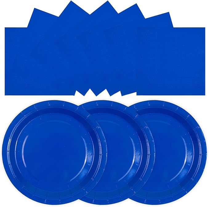 50PCS Blue Paper Plates and Napkins Party Supplies, 7Inch Blue Party Dessert Plates Disposable Tableware Set for Wedding Birthday Bridal Shower Baby Shower Decorations