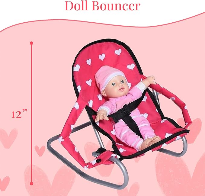 Mega Baby Doll Accessories Set, 3-1 Baby Doll Crib, Baby Doll High Chair & Bouncer Seat. 18 inch Doll Accessories with Doll Bed. 18" Dolls Furniture Play Stuff. Toys for Girls Ages 3-5,4-6,5-7,8-10