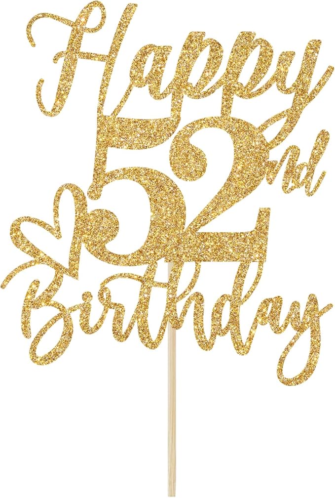 Happy 52nd Birthday Cake Topper, 52 Birthday Decorations for Women/Men, Cheers to 52 Years, Hello 52, 52nd Happy Birthday Party Supplies Gold Glitter
