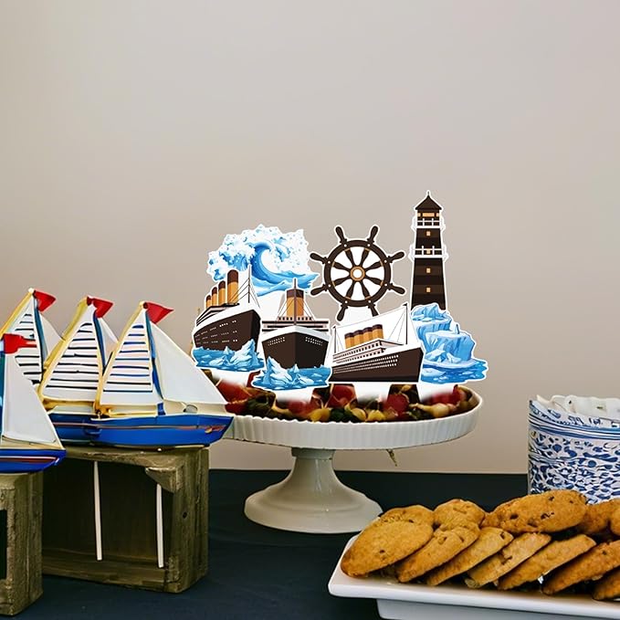 48PCS Nautical Party Cupcake Toppers Cruise Ship Birthday Party Decorations Ocean Ship Cake Decorations Iceberg Lighthouse Cupcake Picks for Cruise Liner Nautical Theme Birthday Baby Shower Supplies