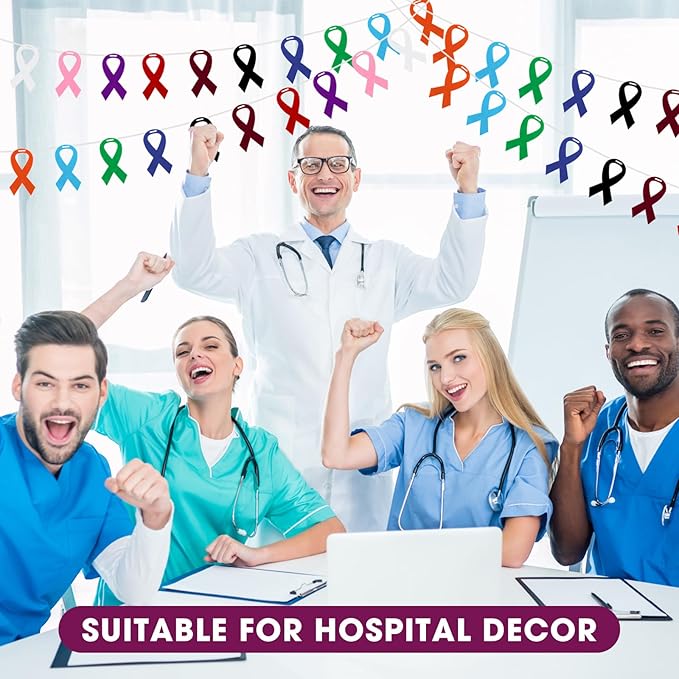 VitalCozy 10 Pcs Ribbon Awareness Banner 13.1 ft Ribbon Garland Cancer Awareness Decor Cancer Free Decorations for Society Events Groups Fundraisers Party Supplies (Multicolor)