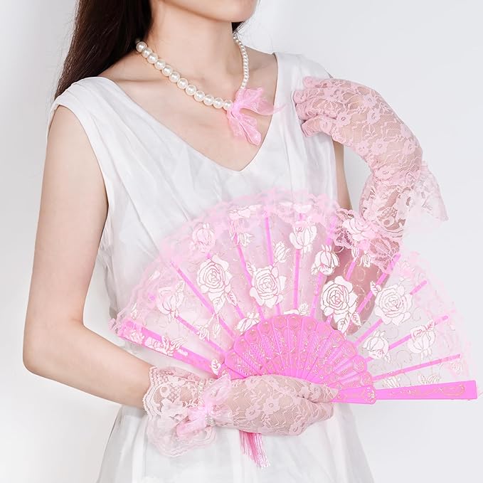 obmwang 5 Pieces Girls Tea Party Supplies Tea Party Gloves Hats Girls Kids Tea Party Necklace Fan for Girls Tea Party Costume