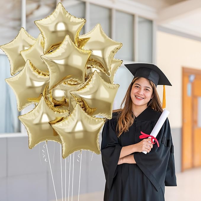 Gold Star Foil Balloons, 18 Inch Light Gold Stars Shape Foil Helium Balloons, 10 Pcs Large Light Yellow Pentagram Balloon Party Decorations for Birthday Wedding Baby Shower Graduation Supplies