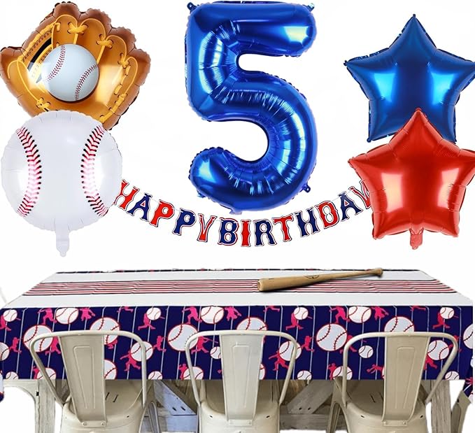 Baseball Balloons 5th Birthday Decorations for Boys | Baseball Birthday Decoration Sports Theme Party Supplies, 32Inch Foil Mylar Number 5 Balloon Navy Blue Red White Sports Balloon Arch Kits