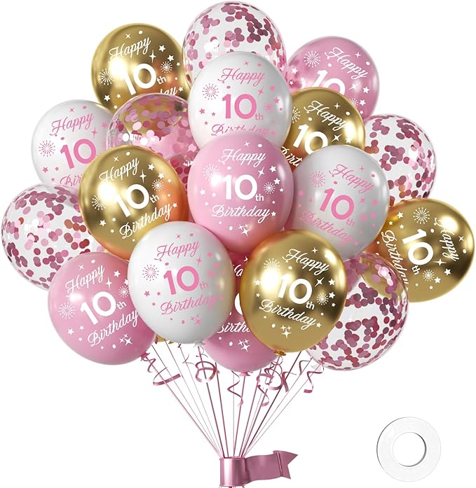 Pink 10th Birthday Balloons for Girls - 16pcs, 12inch Happy Birthday Balloons with Confetti for Princess Theme Party Decorations