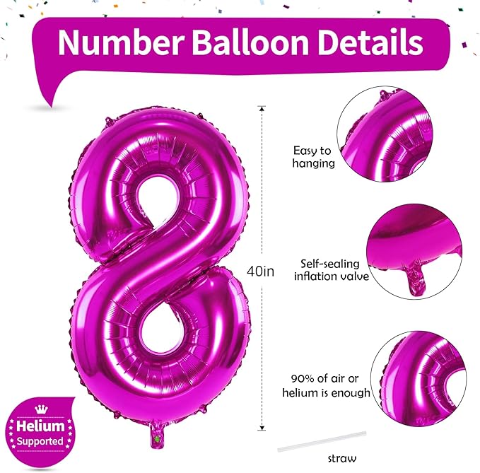 40 Inch Hot Pink Number Balloons, Big Self Inflating Foil Number 8 Balloons for Kids 8th Birthday, Balloon Decorations 0-9 Set for Girls Women 18th Birthday Party Decor Anniversary Party Supplies