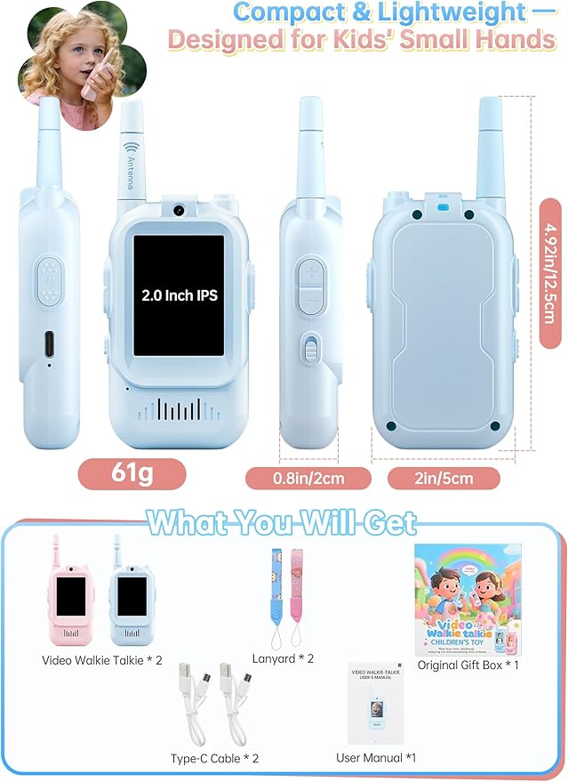 HD Video Walkie Talkies for Kids, 2-Pack Rechargeable Kids Gifts with Camera & Screen, Long Range Kids Walkie Talkies for Boys & Girls Ages 3–12, Toddler Toys for Family Games Indoor & Outdoor Play