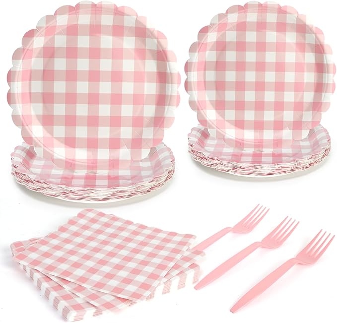 96Pcs Pink Gingham Plates and Napkins Forks Lace Plaid Paper Plates for 24 Guest Picnic Wedding Baby Shower Tea Kids Birthday Party Supplies Decrations