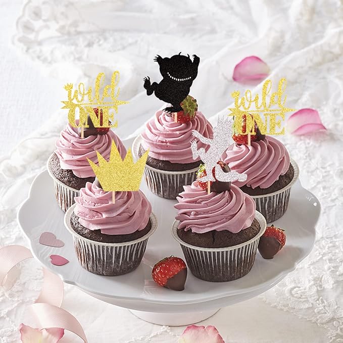 24 PCS Where The Wild Things Are Inspired Cupcake Toppers Glitter Crown Wild One Cupcake Picks Baby Shower Kids 1st Birthday Party Cake Decorations Supplies Colorful