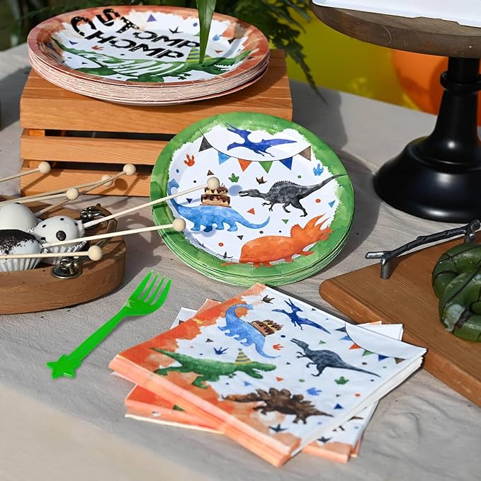 WERNNSAI Dinosaur Party Decorations - 64 PCS Dinosaur Plates Napkins and Forks Set Boys Birthday Party Decorations for Kids Baby Shower Dino Theme Parties Serves 16 Guests
