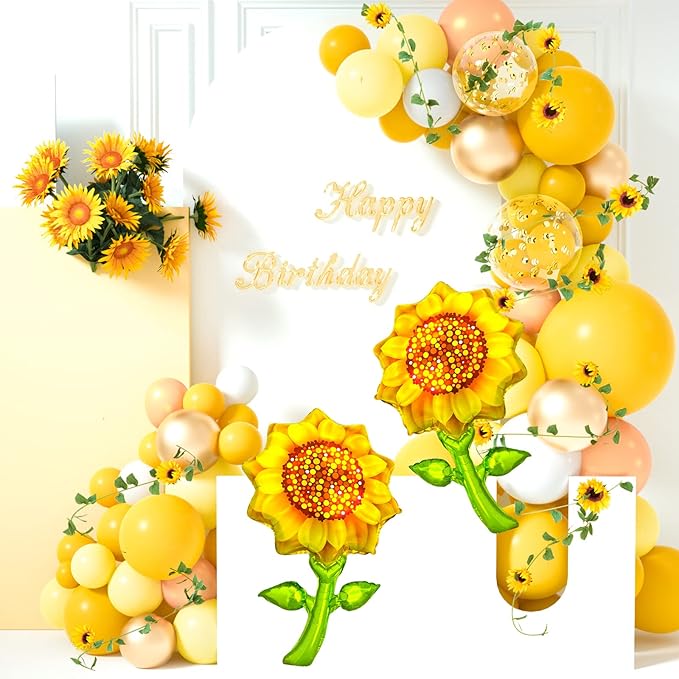 TUPARKA Sunflower Birthday Party Decorations Kit Sunflower Banner Yellow Balloon Arch Sunflower Vine Sunflower Heads Table Covers Cake Toppers 146 Pack Sunflower Party Supplies for Baby Shower Décor