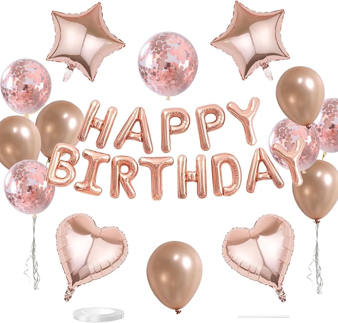 27 Pcs Rose Gold Birthday Decorations, 3D Foil Rose Gold Happy Birthday Balloon Banner, Pentagram Heart Foil Balloons Confetti Balloons Kit For Boys Girls Birthday Party Supplies