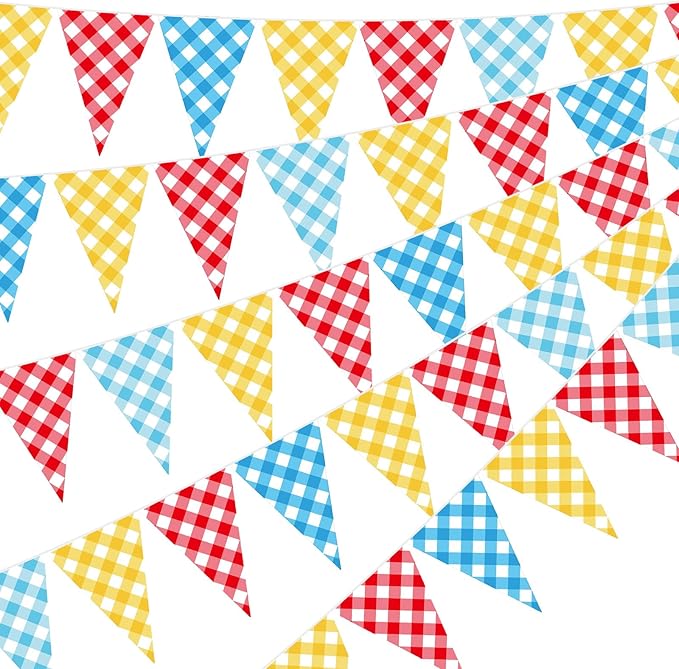 Pasimy 5 Pcs County Fair Party Decorations County Fair Hanging Pennant Banner Red Yellow Blue Checkered Triangle Flag Pennant Farm Theme Bunting Banner Garland for Birthday Party Supplies