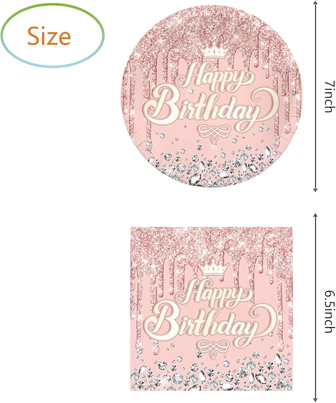 Pink Rose Goldr Birthday Party Supplies, Include 20 Plates and 20 Napkins, Pink Rose Goldr Theme Birthday Party Decorations for Kid Girls Women Glitter Diamond