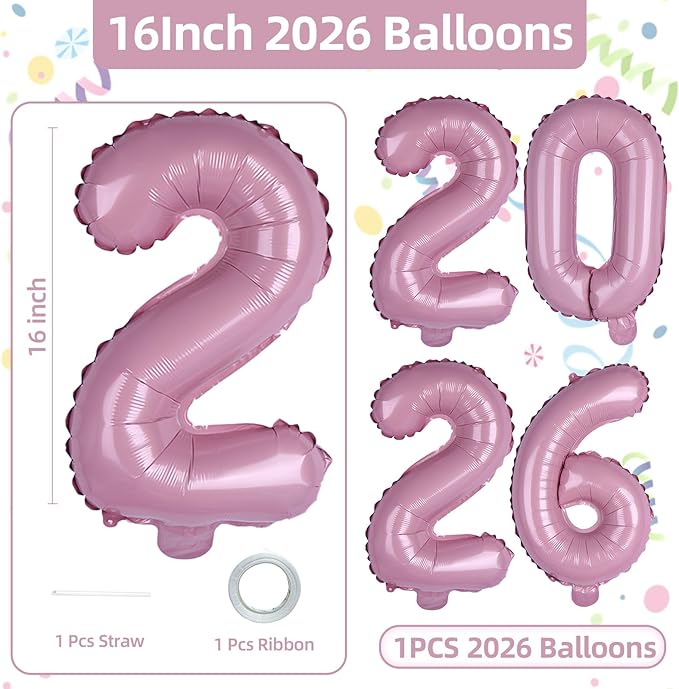 KALOR 16 Inch 2026 Pink Foil Number Balloons, 2026 New Years Decorations for 2026 Happy New Year Eve and Graduations Party Supplies