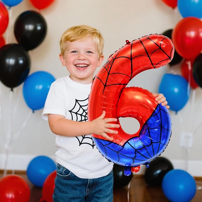 Spider Web Number 6 Balloon Birthday Decoration, Superhero Themed 40in Giant Mylar Number Party Supplies