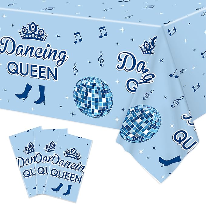 3pcs Dancing Queen Plastic Tablecloth, 54 x 108 Inch Mamma Mia Party Table Cover, 70s Disco Ball Tablecloth for Mamma Mia Bachelorette Party, 17th Blue Birthday Party Decorations