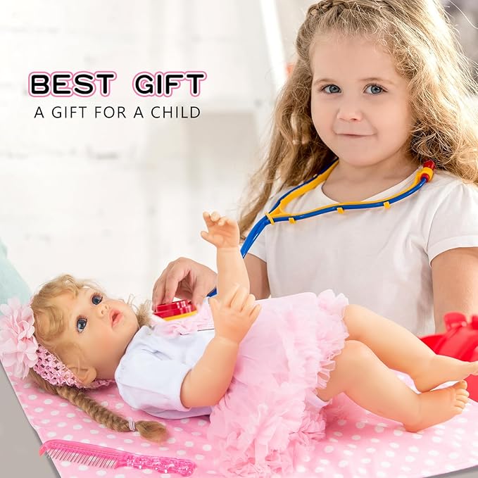 PEDOLLTREE Reborn Baby Dolls Clothes Girl Outfit Accessories Pink Tutu 7 Pcs Set for 17-22 Inch Reborn Doll Newborn Girl with Pink Dot Bassinet