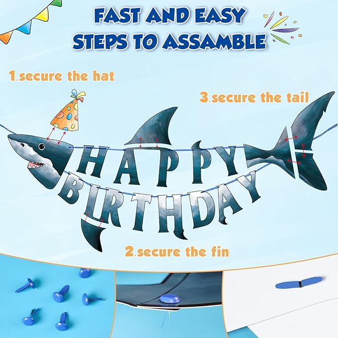 WERNNSAI Shark Happy Birthday Banner Set - Ocean Theme Party Supplies for Kids Boys Pre-strung Shark Birhday Banner and Ocean Animal Banner Beach Under The Sea Theme Party Decorations Hanging Wall Decor