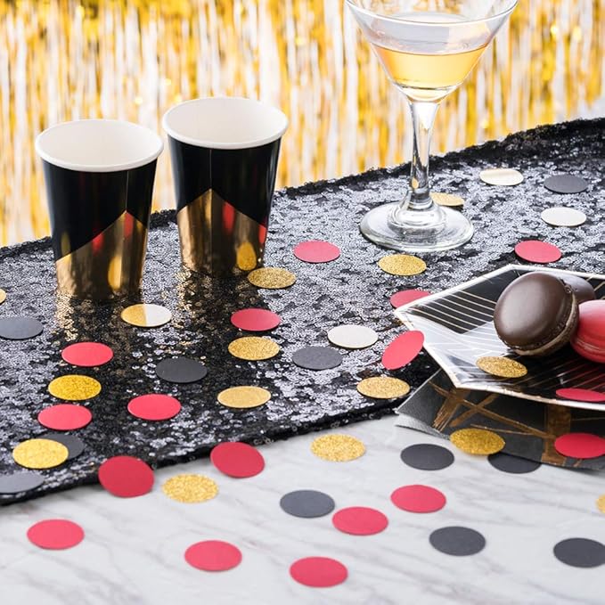 Glitter Confetti Circles Table Decoration and Wedding Party Decoration, 1.2’’ in Diameter (gold glitter, black, red,300pc)