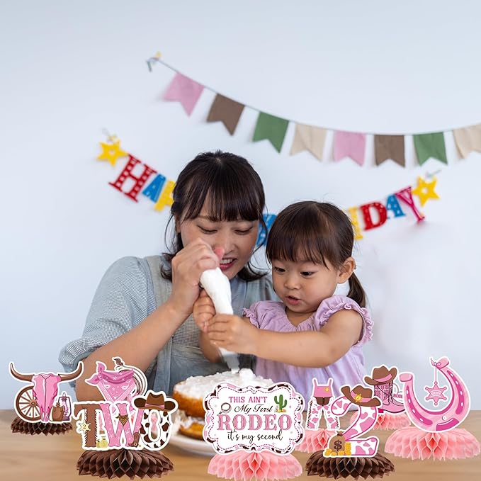 Gameza This Ain't My First Rodeo It's My Second Birthday Party Decorations, 9PCS Cowgirl 2nd Birthday Honeycomb Centerpieces Table Decorations, Western Rodeo Theme 2 Years Old Bday Decor for Girls