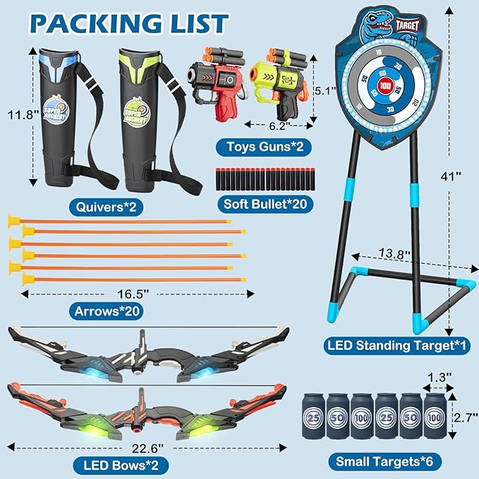 2 Pack Kids LED Archery Set with Standing Target, 20 Suction Cup Arrows Bow and Arrow for Kids 3-12, Indoor Outdoor Sport Toy for Boys Girls