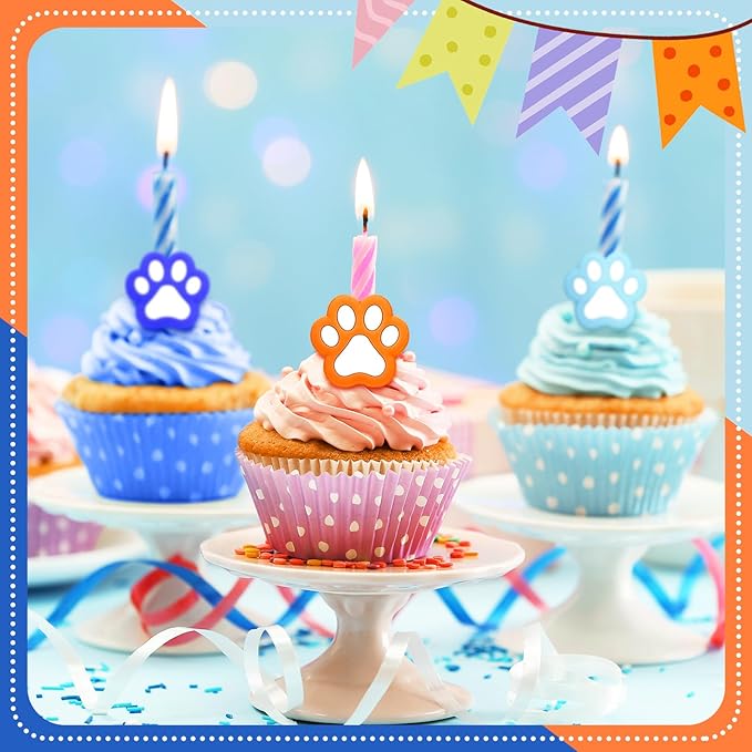 48 Pcs Paw Dog Cupcake Rings Toppers Decorations Orange Blue Red Yellow Paw Dog Theme Birthday Cupcake Rings Decorations for Puppy Baby Shower Party Supplies(Light Color)