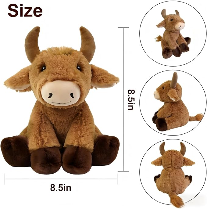 OROZCOR Bull Stuffed Animal, Cute Fluffy Cow Stuffed Animal 8.5in, Soft Longhorn Cow Plush Gifts for Kids Baby Girls Boys (Bull)