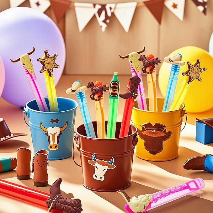 Winrayk Western Cowboy Party Favors, 24Pcs Self-designed Mini Bubble Wands for Kids Bubbles Bulk & Detachable Topper (6 Styles & Colors), Birthday Gift Pinata Filler Goodie Bag Stuffer Classroom Prize