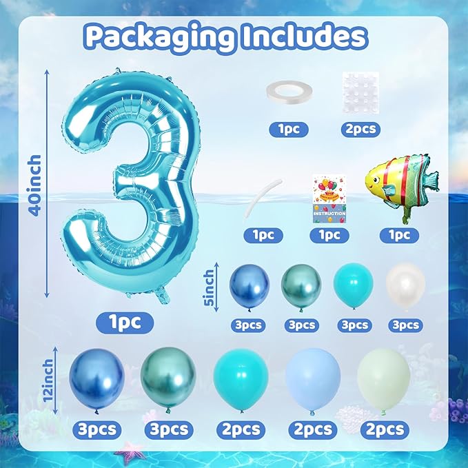 Blue Number 3 Balloon 40 Inch Ocean Under the Sea Number Three Foil Balloons Tower with Shark Bubble Fish for Boys Third 3rd Birthday Party Decor Green Underwater Digital Aluminum Balloons Stack