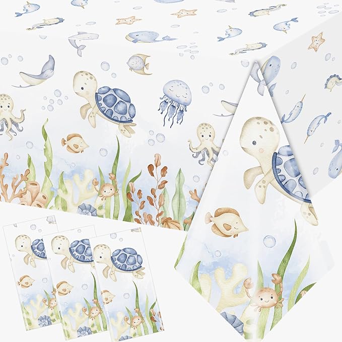 GREHUMOR 3Pcs Ocean Tablecloth Decoration Under The Sea Theme Party Supplies Sea Turtles Disposable Plastic Table Covers Underwater Sea Life Table Cloth for Ocean Baby Shower Birthday
