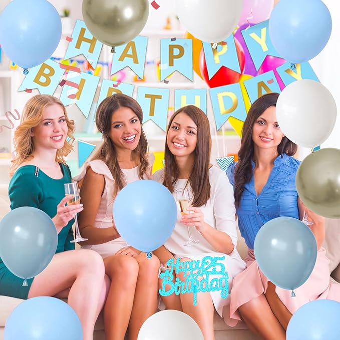 25th Birthday Decorations, Blue Happy Birthday Party Decorations With Teal Blue Number 25 Balloons Dusty Macaron Blue White Balloons Fringe Curtain Banner Cake Topper For Man Woman Party Supplies