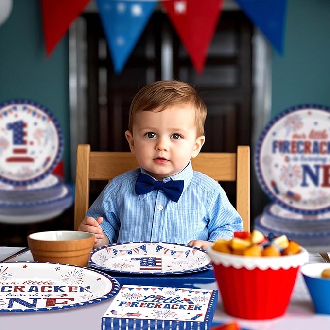 Grencian 96Pcs 4th of July 1st Birthday Party Supplies First Birthday Plates and Napkins Sets for Independence Day Patriotic Baby Shower One Year Old Decorations Serves 24