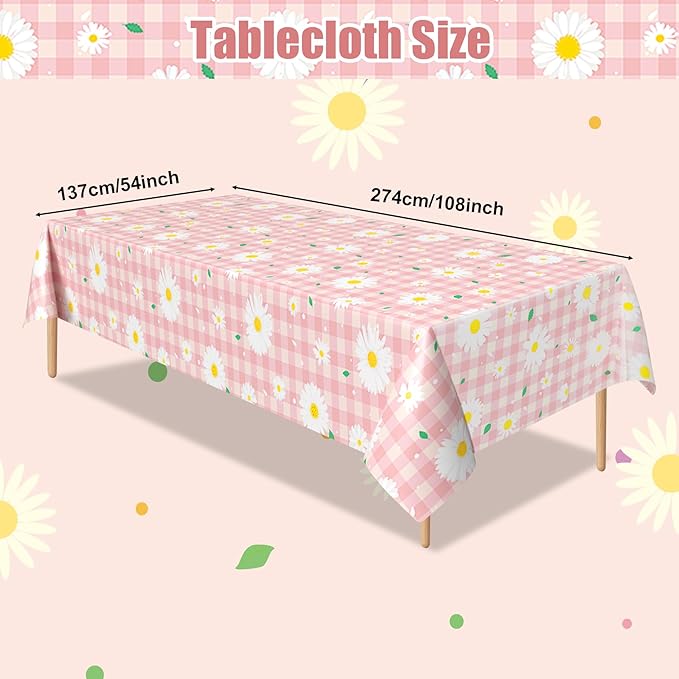3pcs Daisy Plastic Tablecloth, 54x108 inch Spring Daisy Theme Table Cover, Pink Plaid Flower Tablecloth for Spring Floral Party, Baby Shower, Daisy Birthday Party Decorations