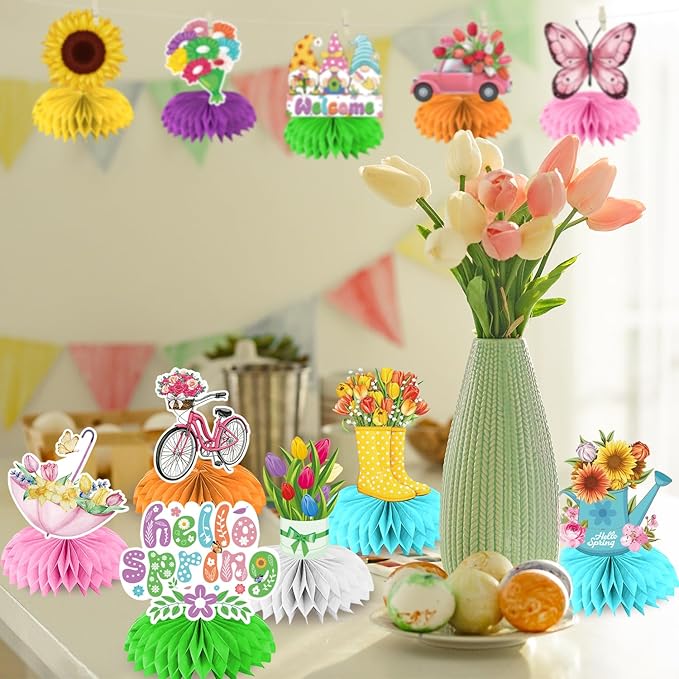 12 Pcs Spring Decorations Honeycomb Centerpieces, Spring Decorations for Office 3d Double Side Honeycomb Decorations, Spring Decorations for Classroom, Spring Centerpieces for Tables