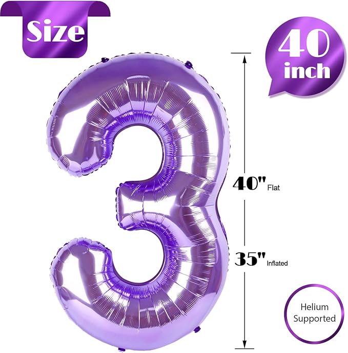 Purple 3 Balloon, Number Balloon 40 Inch, 3rd Three Year Old Birthday Deco, Purple Party Supplies for Party Decorations, Number 3 Balloon