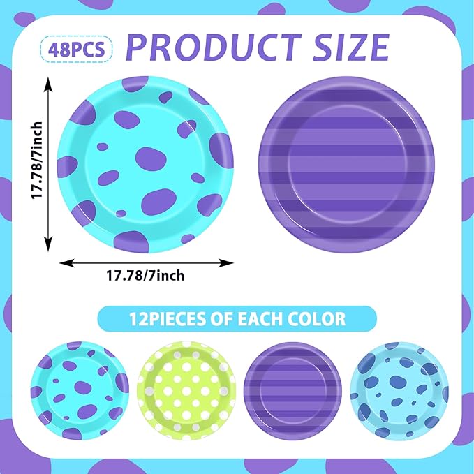 48PCS Monster Birthday Party Paper Plates for Monster Theme Party Table Supplies 7" Cartoon Blue Green and Purple Disposable Dessert Plates Tableware for Kids Birthday Baby Shower Decorations