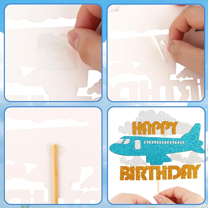 Hooqict 25 Pieces Airplane Cake Topper Decorations with Mini Sunglasses Blue White Cloud Happy Birthday Cake Toppers & Cupcake Toppers for Airplane Themed Party Decorations Supplies