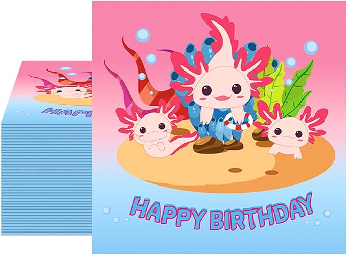 40 Pack Pastel Cute Axolotl Birthday Decorations Napkins - 6.5x6.5 Inch Disposable Axolotl Paper Napkins for Adorable Aquatic Reptile Theme Kids Birthday, Baby Shower & Gender-Neutral Party Supplies