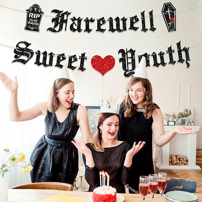Pre-Strung Gothic Birthday Decorations, NO DIY Glitter Farewell Sweet Youth Banner, Old English Goth Funeral Themed Party Supplies