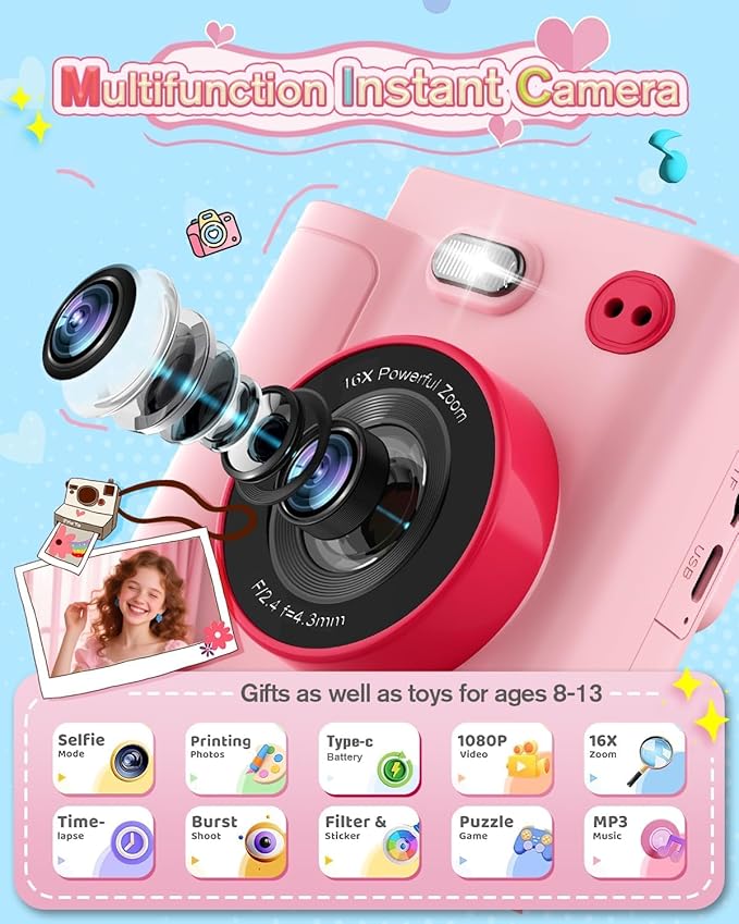 Mason & Friends Kids Instant Print Camera – 1080P HD Digital Camera for Boys & Girls Ages 3–10 | Photo, Video, Music & Games | Includes 32GB SD Card – Perfect Birthday (Pink)