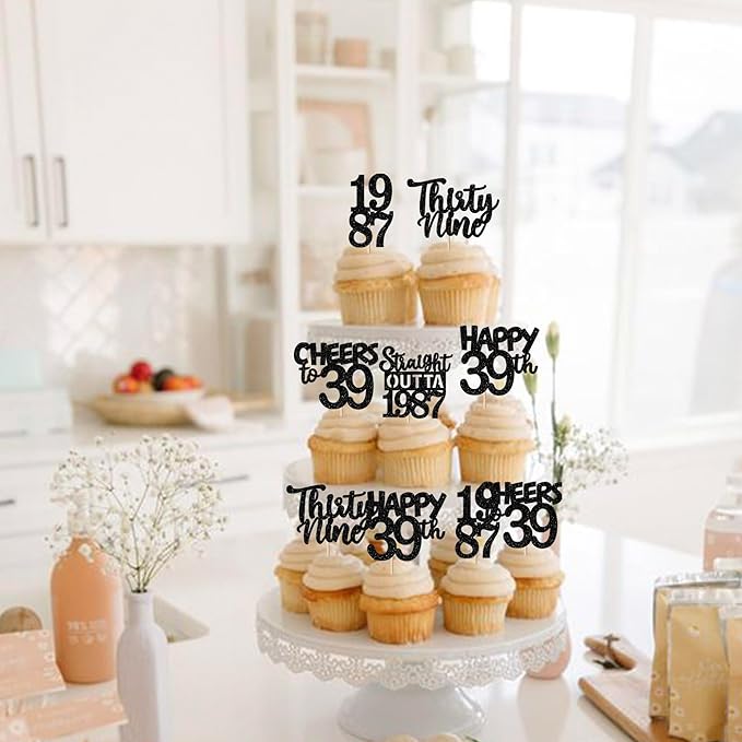 30PCS Black 39th Birthday Cupcake Toppers Glitter Thirty Nine Happy 39th Straight Outta 1987 Cupcake Picks for Cheers to 39 Years Birthday Wedding Anniversary Party Cake Decorations Supplies