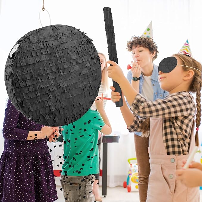 Black Round Pinata with Stick Blindfold and Confetti DIY Blank Pinata for Adults Kids Birthday Party Supplies Christmas Carnivals Decorations