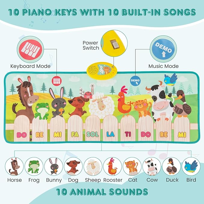 Costzon Floor Piano Mat for Toddlers, Musical Touch Playmat Keyboard Dance Mat, 10 Animal Sounds, 10 Keys & 10 Built-in Songs, Kids Sensory Educational Toy Birthday Gift for Boys Girls (37.5” x 14”)